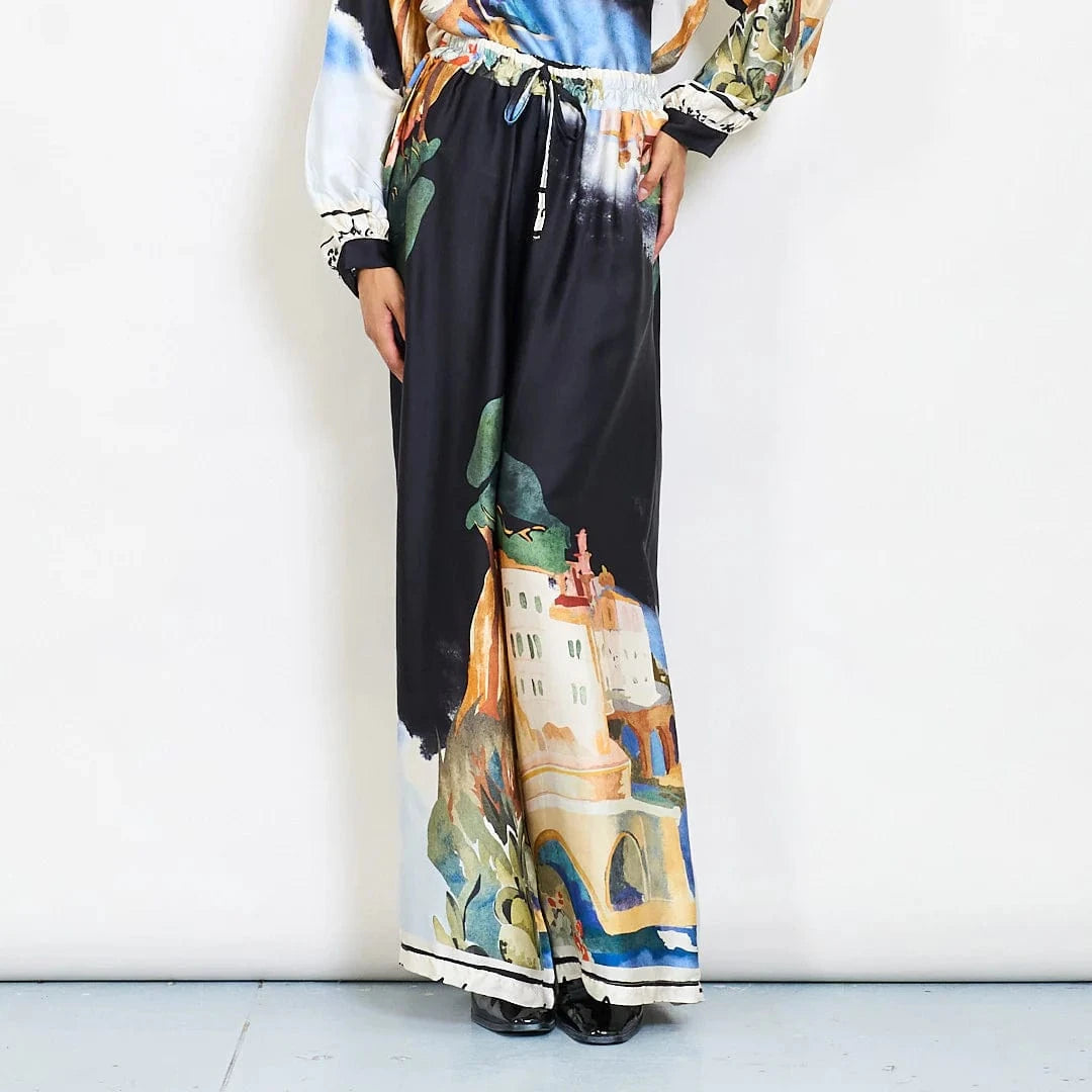 Watercolor landscape print satin wide-leg trousers with drawstring waist - Black - Pinkhill -  - [] - Darwin boutique - Australian fashion design - Darwin Fashion - Australian Fashion Designer - Australian Fashion Designer Brands - Australian Fashion Design 