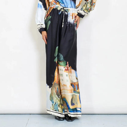 Watercolor landscape print satin wide-leg trousers with drawstring waist - Black - Pinkhill -  - [] - Darwin boutique - Australian fashion design - Darwin Fashion - Australian Fashion Designer - Australian Fashion Designer Brands - Australian Fashion Design 