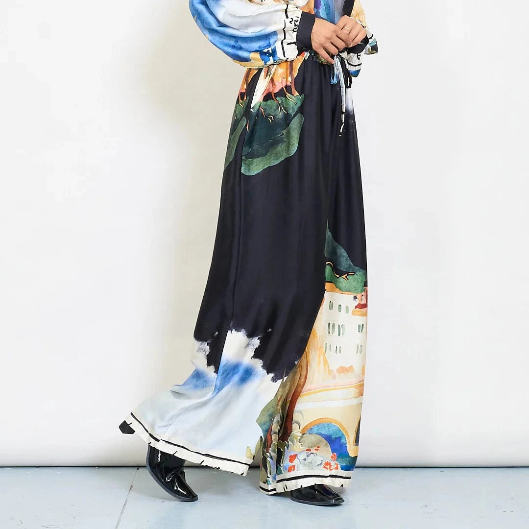 Watercolor landscape print satin wide-leg trousers with drawstring waist - Black - Pinkhill -  - [] - Darwin boutique - Australian fashion design - Darwin Fashion - Australian Fashion Designer - Australian Fashion Designer Brands - Australian Fashion Design 