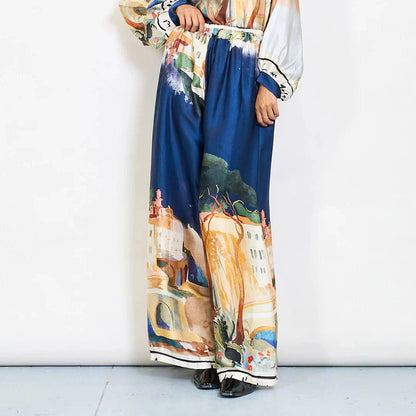 Watercolor landscape print satin wide-leg trousers with drawstring waist - Dark Blue - Pinkhill -  - [] - Darwin boutique - Australian fashion design - Darwin Fashion - Australian Fashion Designer - Australian Fashion Designer Brands - Australian Fashion Design 