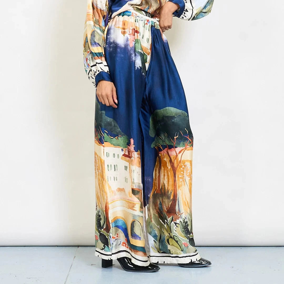 Watercolor landscape print satin wide-leg trousers with drawstring waist - Dark Blue - Pinkhill -  - [] - Darwin boutique - Australian fashion design - Darwin Fashion - Australian Fashion Designer - Australian Fashion Designer Brands - Australian Fashion Design 
