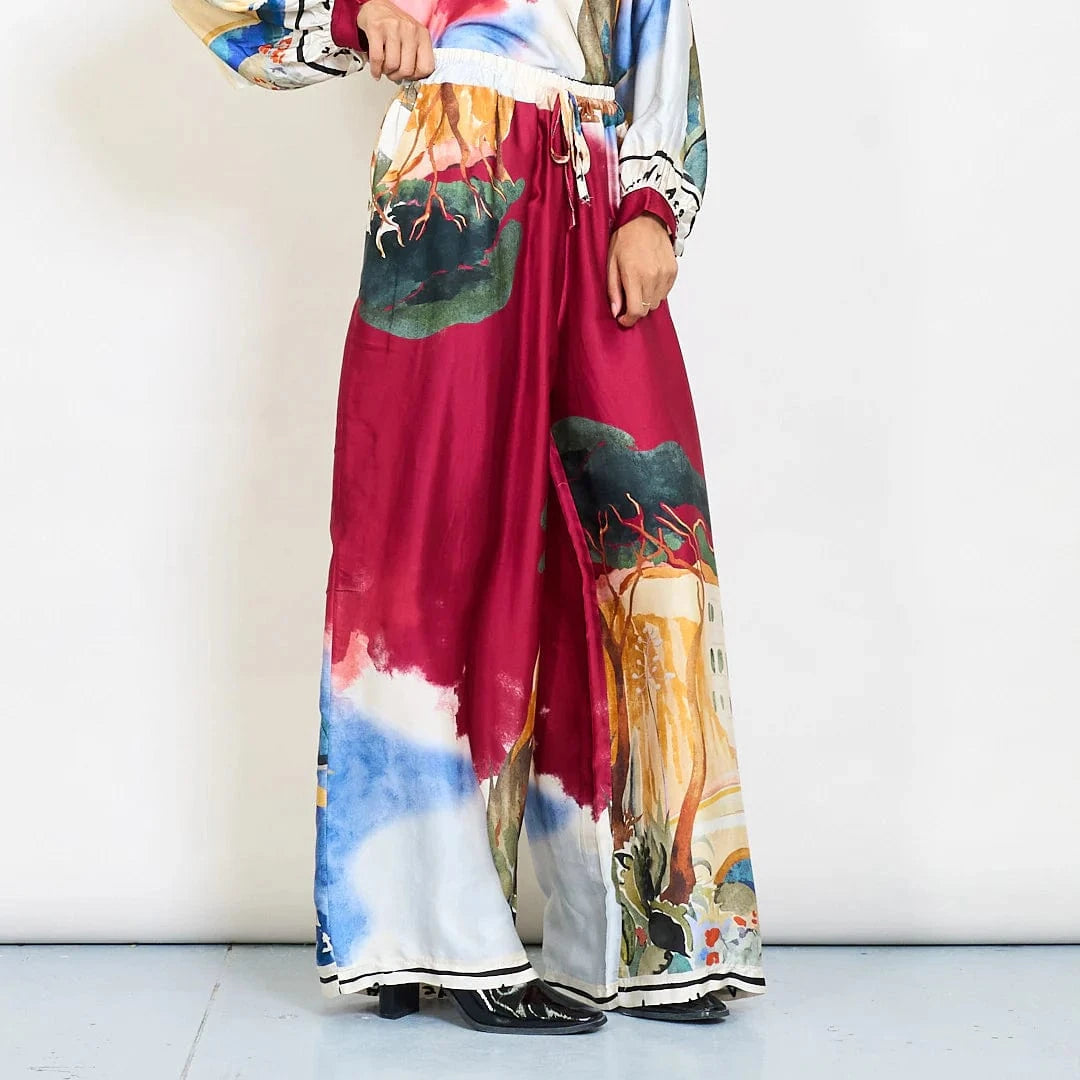 Watercolor landscape print satin wide-leg trousers with drawstring waist - Magenta - Pinkhill -  - [] - Darwin boutique - Australian fashion design - Darwin Fashion - Australian Fashion Designer - Australian Fashion Designer Brands - Australian Fashion Design 