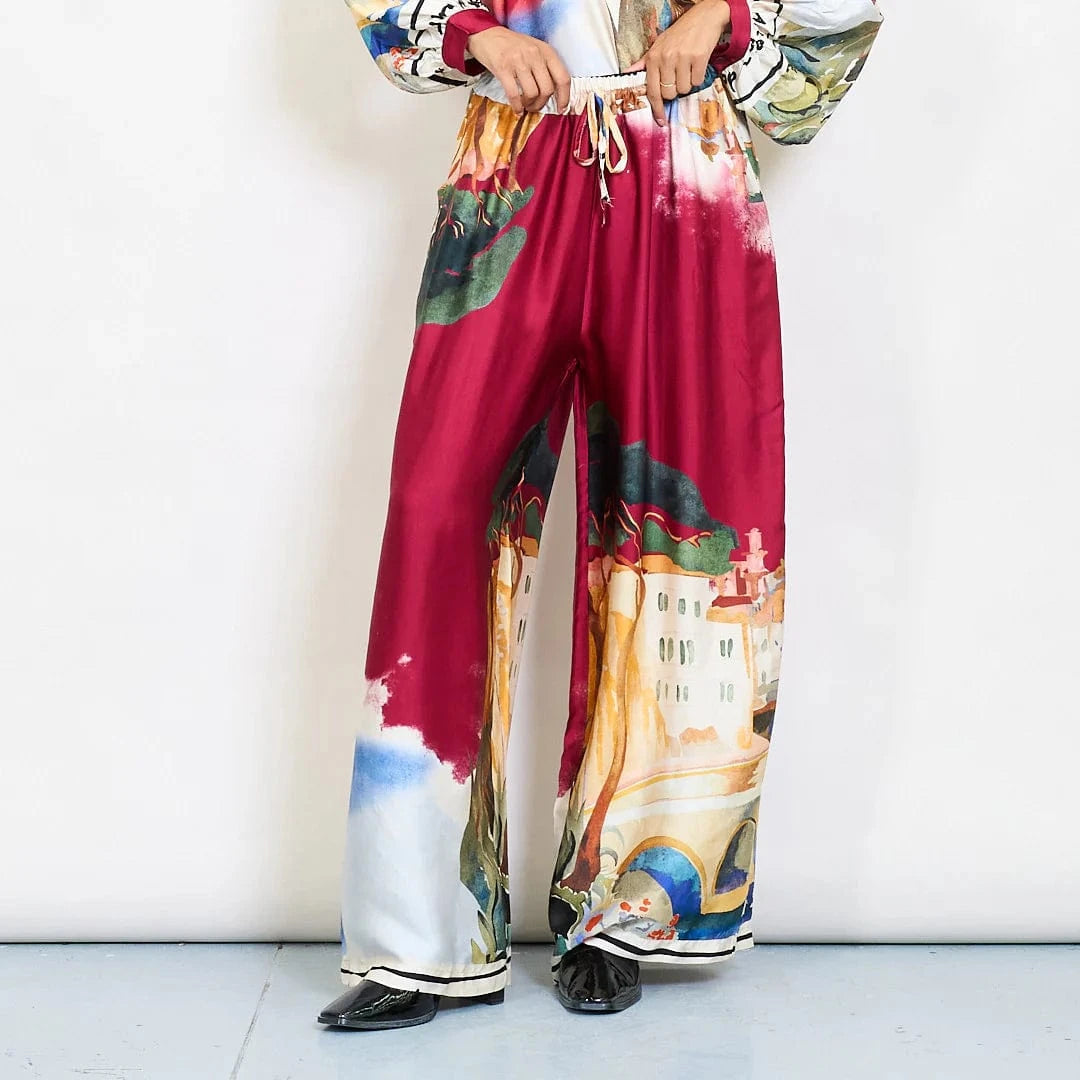 Watercolor landscape print satin wide-leg trousers with drawstring waist - Magenta - Pinkhill -  - [] - Darwin boutique - Australian fashion design - Darwin Fashion - Australian Fashion Designer - Australian Fashion Designer Brands - Australian Fashion Design 