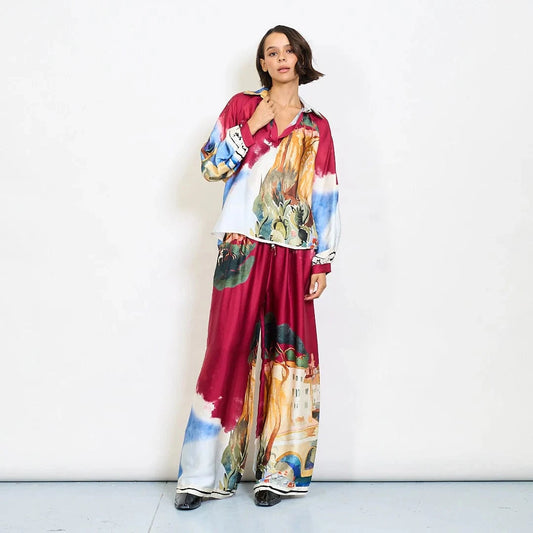 Watercolor landscape print satin wide-leg trousers with drawstring waist - Magenta - Pinkhill -  - [] - Darwin boutique - Australian fashion design - Darwin Fashion - Australian Fashion Designer - Australian Fashion Designer Brands - Australian Fashion Design 