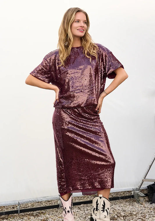 Miss Goodlife Burgundy Pailette Skirt - Pinkhill