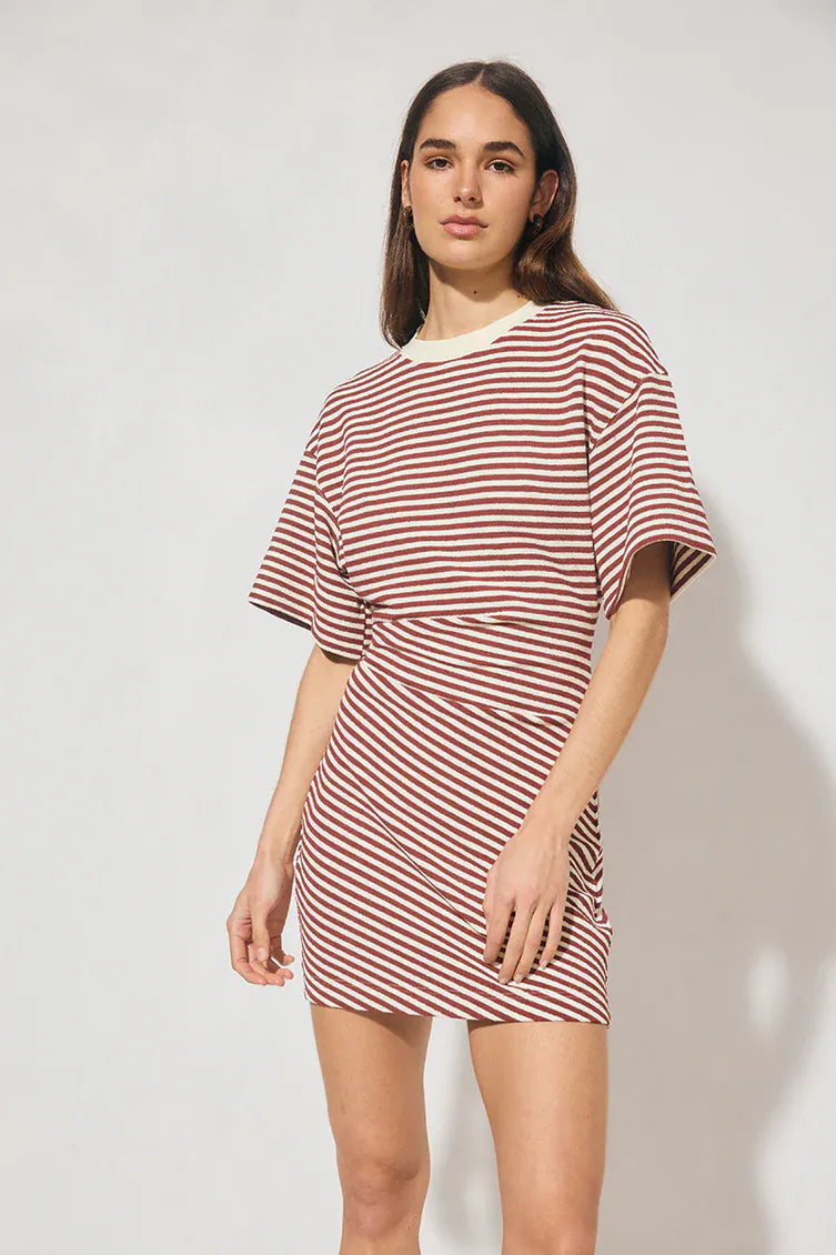 Mon Renn Aura Mini Dress Burgundy Cream Stripe - Pinkhill
