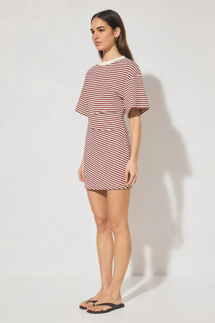 Mon Renn Aura Mini Dress Burgundy Cream Stripe - Pinkhill