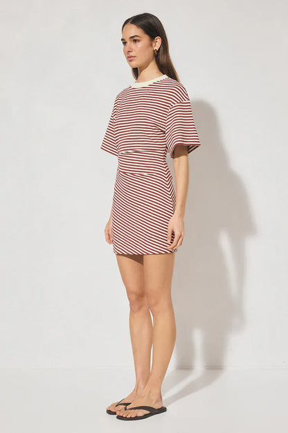 Mon Renn Aura Mini Dress Burgundy Cream Stripe - Pinkhill