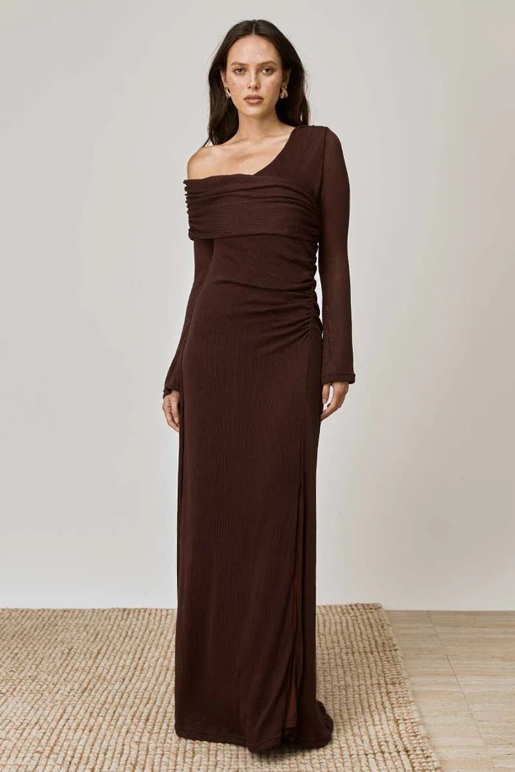 MON RENN OVERLAY SLEEVED MIDI DRESS - CHOCOLATE - Mon Renn - Pinkhill - darwin fashion - darwin boutique