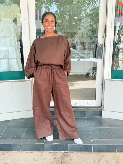 Solenne Drawstring Wide-Leg Pant in chocolate, worn with the matching top