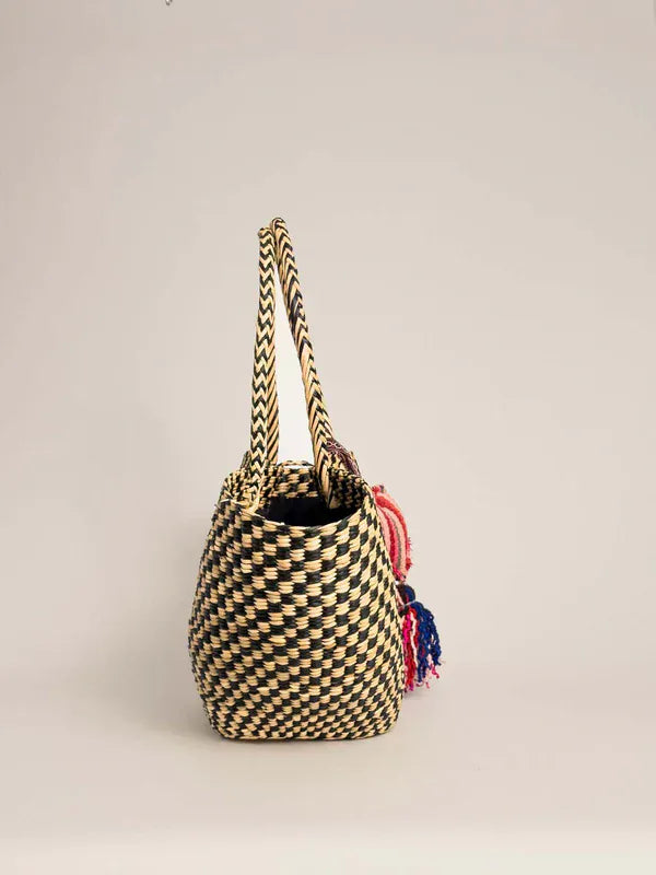 Orange Inca Playa Tote - Black and Natural Checkered (Tote Bag + Tassel)