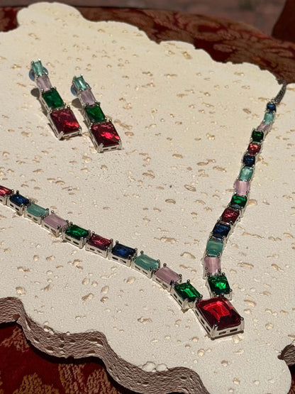 Emerald and ruby crystal necklace close-up