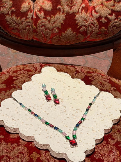 Emerald and ruby crystal necklace and earrings