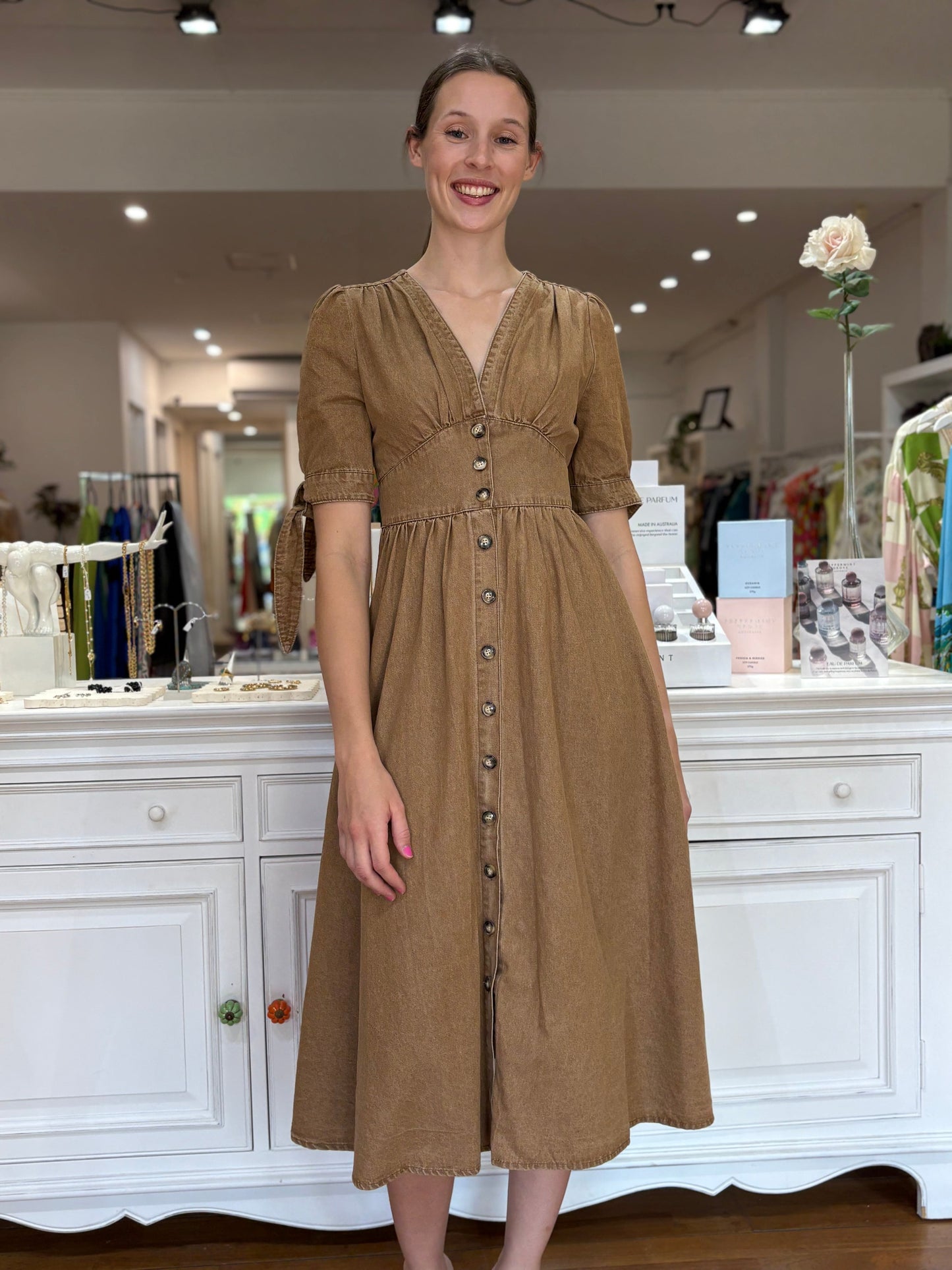 Manhattan Denim Dress - Brown - Pinkhill -  - [] - Darwin boutique - Australian fashion design - Darwin Fashion - Australian Fashion Designer - Australian Fashion Designer Brands - Australian Fashion Design 