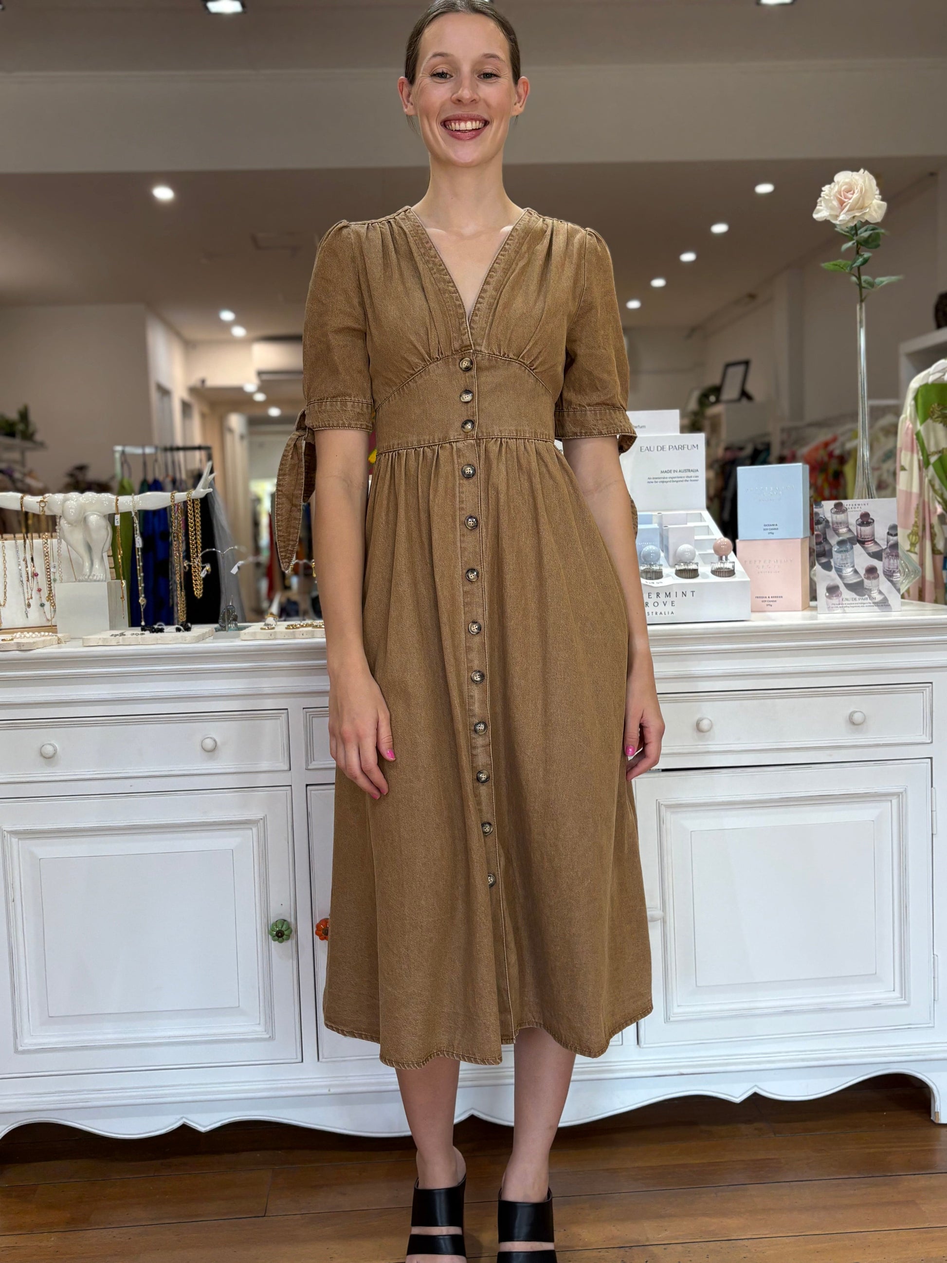 Manhattan Denim Dress - Brown - Pinkhill -  - [] - Darwin boutique - Australian fashion design - Darwin Fashion - Australian Fashion Designer - Australian Fashion Designer Brands - Australian Fashion Design 