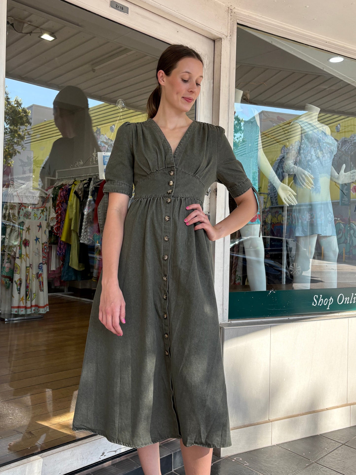 Manhattan Denim Dress - Khaki - Pinkhill -  - [] - Darwin boutique - Australian fashion design - Darwin Fashion - Australian Fashion Designer - Australian Fashion Designer Brands - Australian Fashion Design 