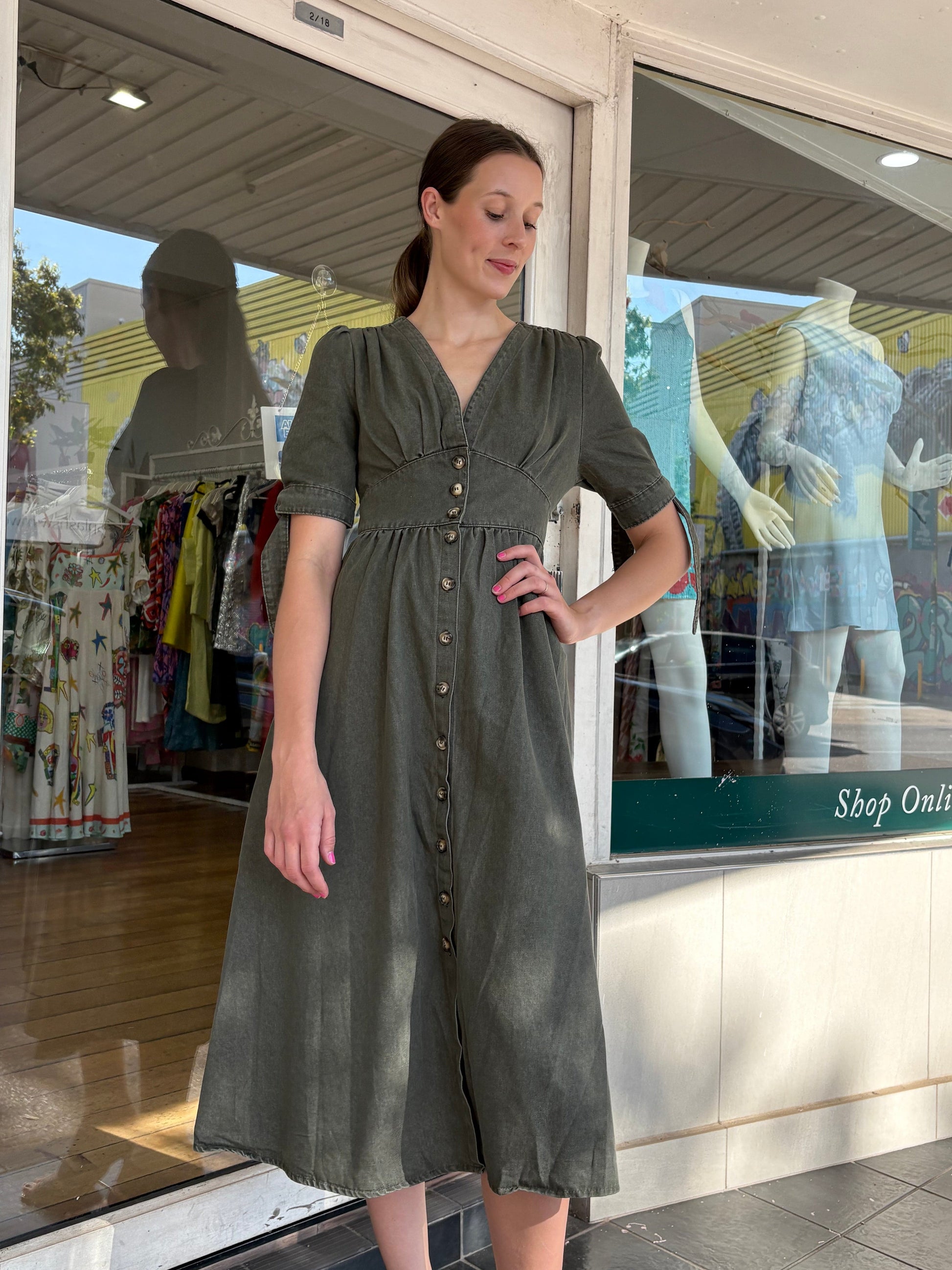 Manhattan Denim Dress - Khaki - Pinkhill -  - [] - Darwin boutique - Australian fashion design - Darwin Fashion - Australian Fashion Designer - Australian Fashion Designer Brands - Australian Fashion Design 