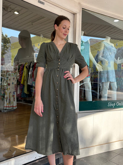 Manhattan Denim Dress - Khaki - Pinkhill -  - [] - Darwin boutique - Australian fashion design - Darwin Fashion - Australian Fashion Designer - Australian Fashion Designer Brands - Australian Fashion Design 