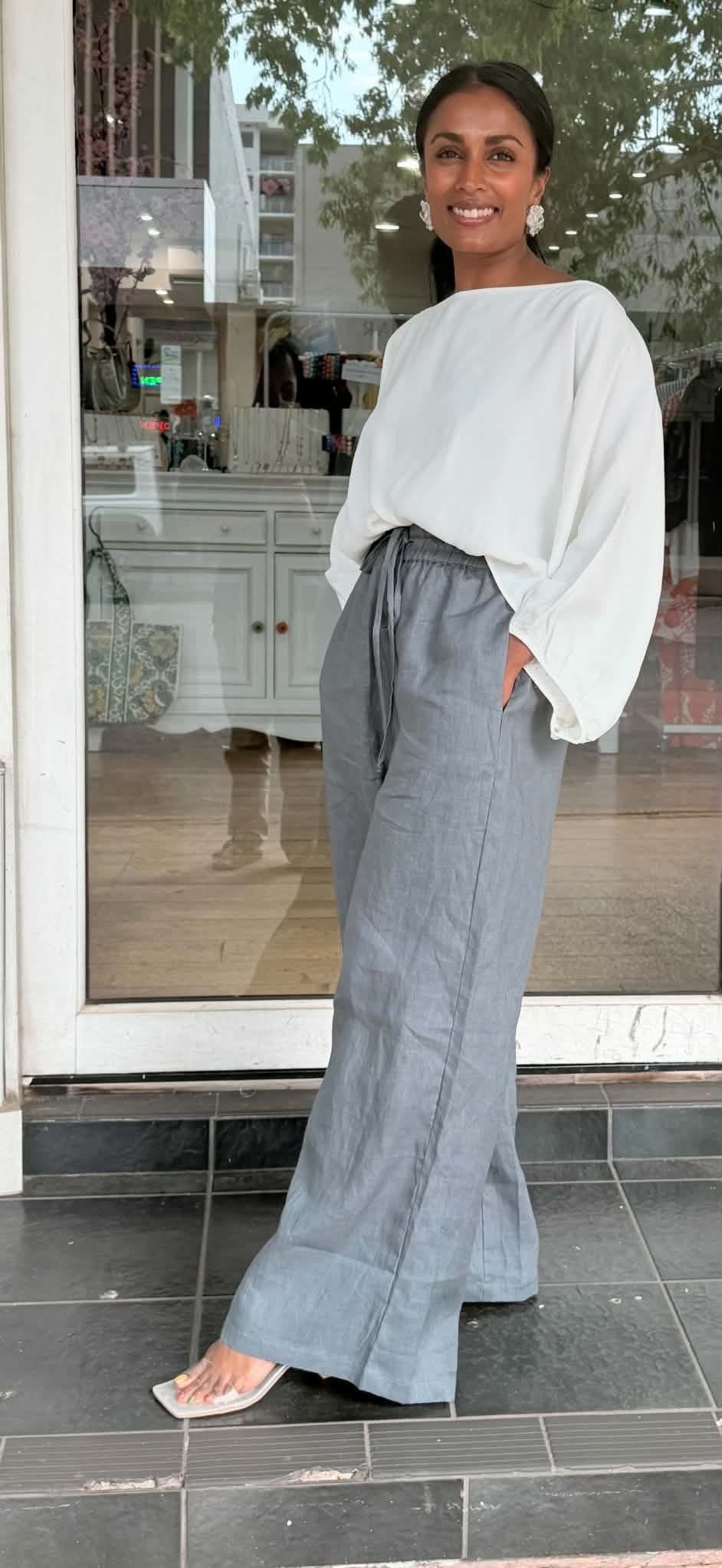 Solenne Drawstring Wide-Leg Pant in grey, styled with a white top