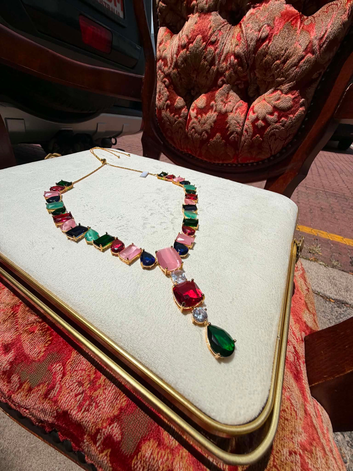 Valentina Crystal Drop Necklace & Earring Set - Jewel Tones