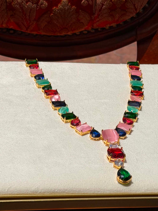 Valentina Crystal Drop Necklace & Earring Set - Jewel Tones