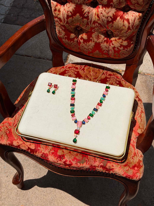Valentina Crystal Drop Necklace & Earring Set - Jewel Tones