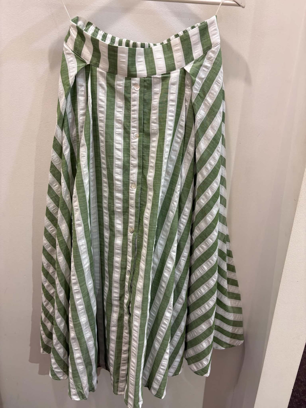 Willow Skirt in green stripe cotton seersucker, front view - Pinkhill Darwin