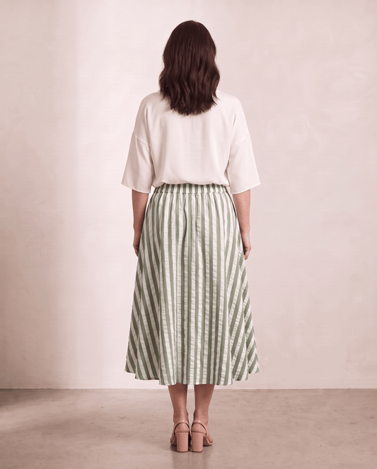 Willow Skirt in green stripe, back view, shown on a digitally generated model