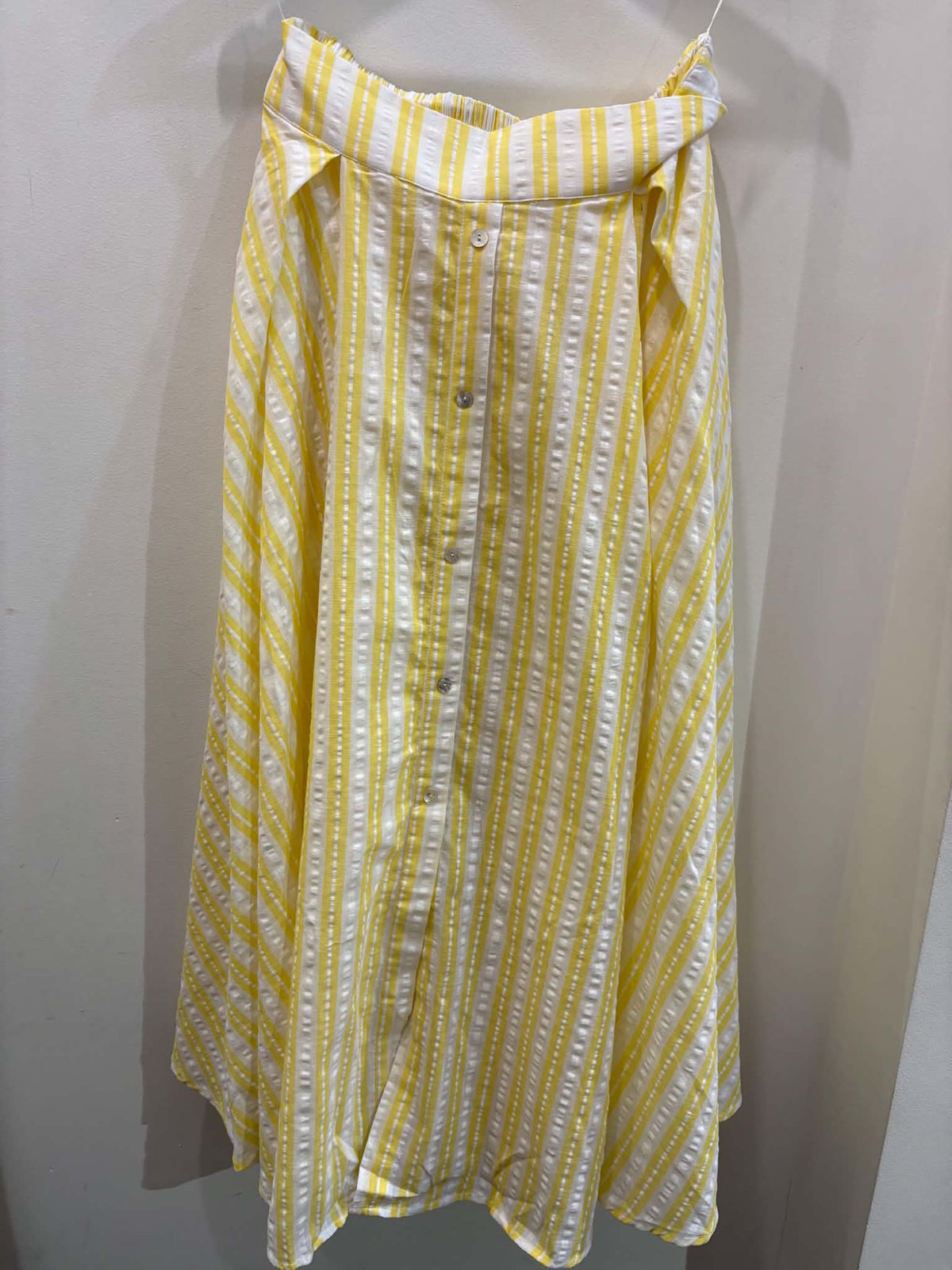 Willow Skirt in yellow stripe cotton seersucker, front view - Pinkhill Darwin