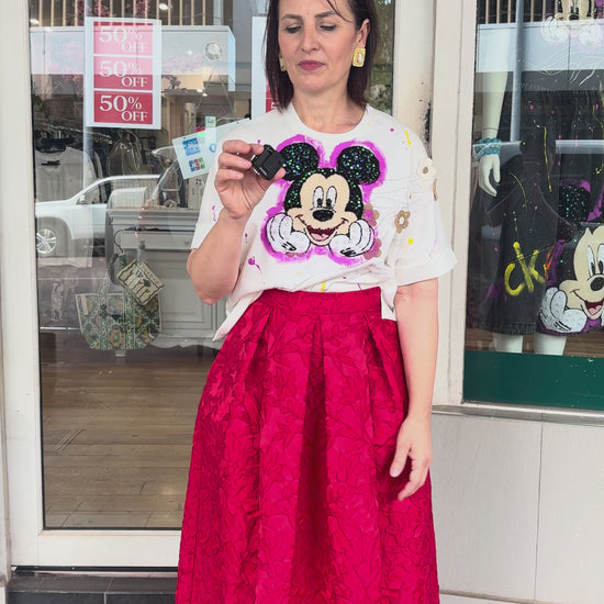 Mickey Mouse embellished t-shirt in white, shown and described in store