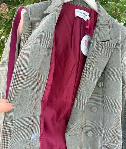Grey Check Blazer – Burgundy & Pink Arm Stripe