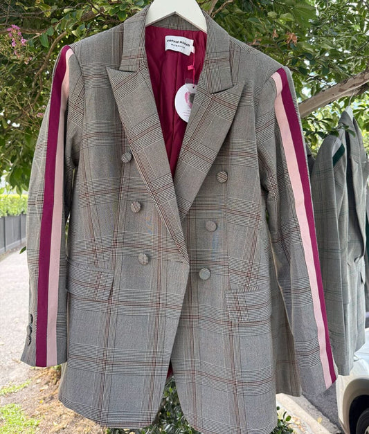Grey Check Blazer – Burgundy & Pink Arm Stripe