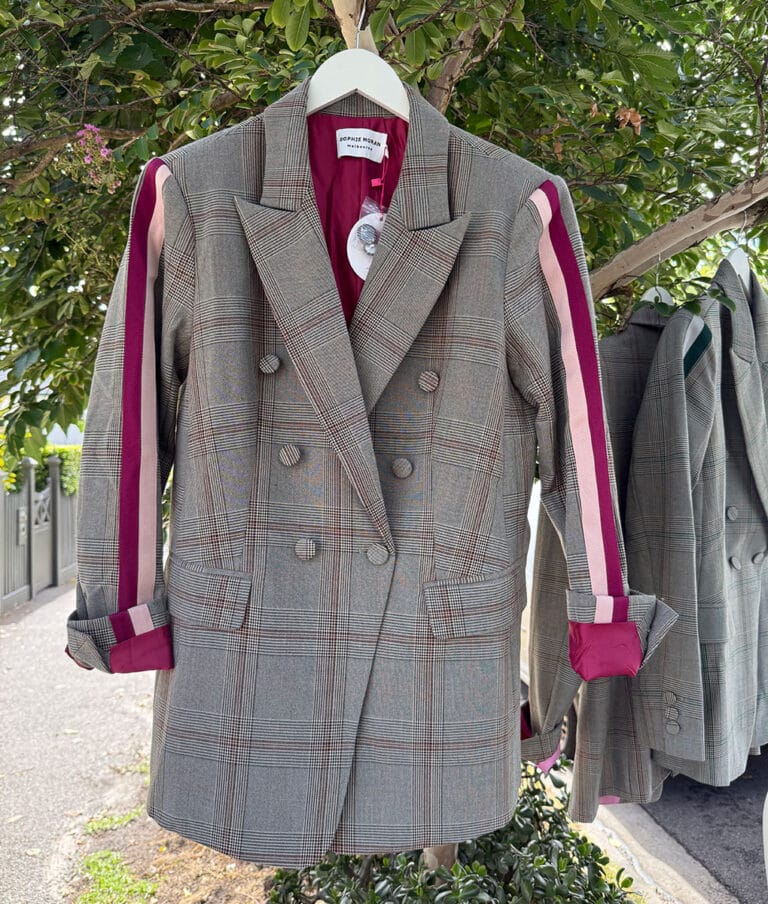Grey Check Blazer – Burgundy & Pink Arm Stripe