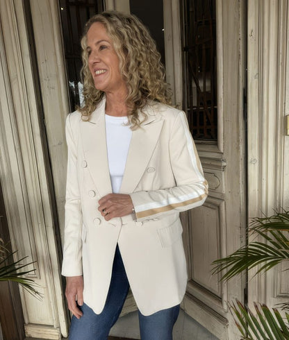 Sporty Luxe Blazer – Sand with Cream & Beige Arm Stripes