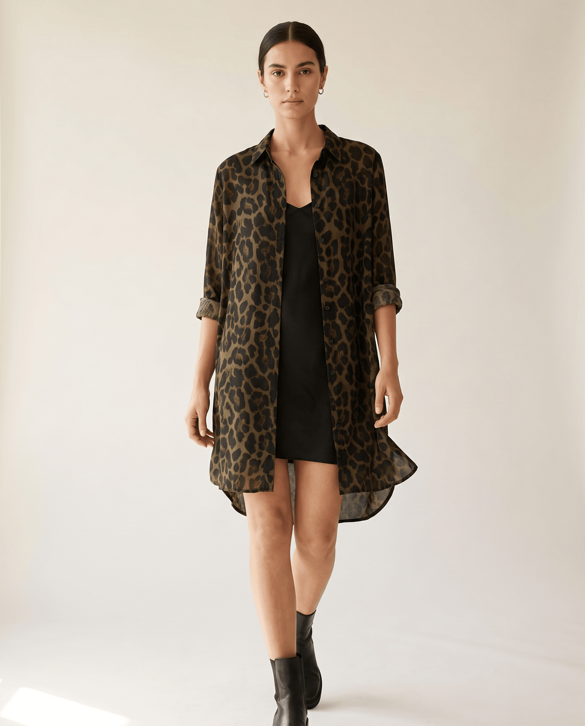 Higgsfield render - Leopard Print Beautiful Vibes Shirt walking