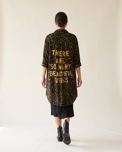 Leopard print shirt with gold slogan back print - back view
