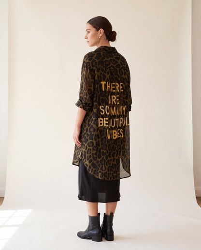 Leopard print shirt with gold slogan back print - back three-quarter