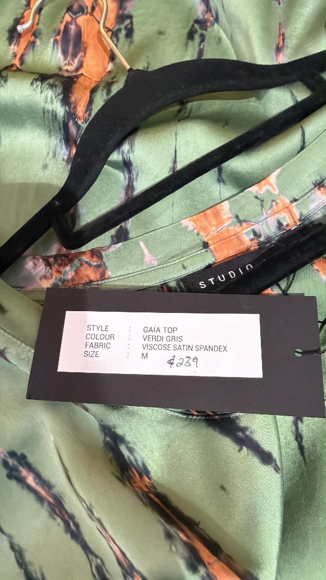 Christine supplier photo - Gaia Top swing tag, Verdi Gris, viscose satin spandex, M, $239 (photo 33)