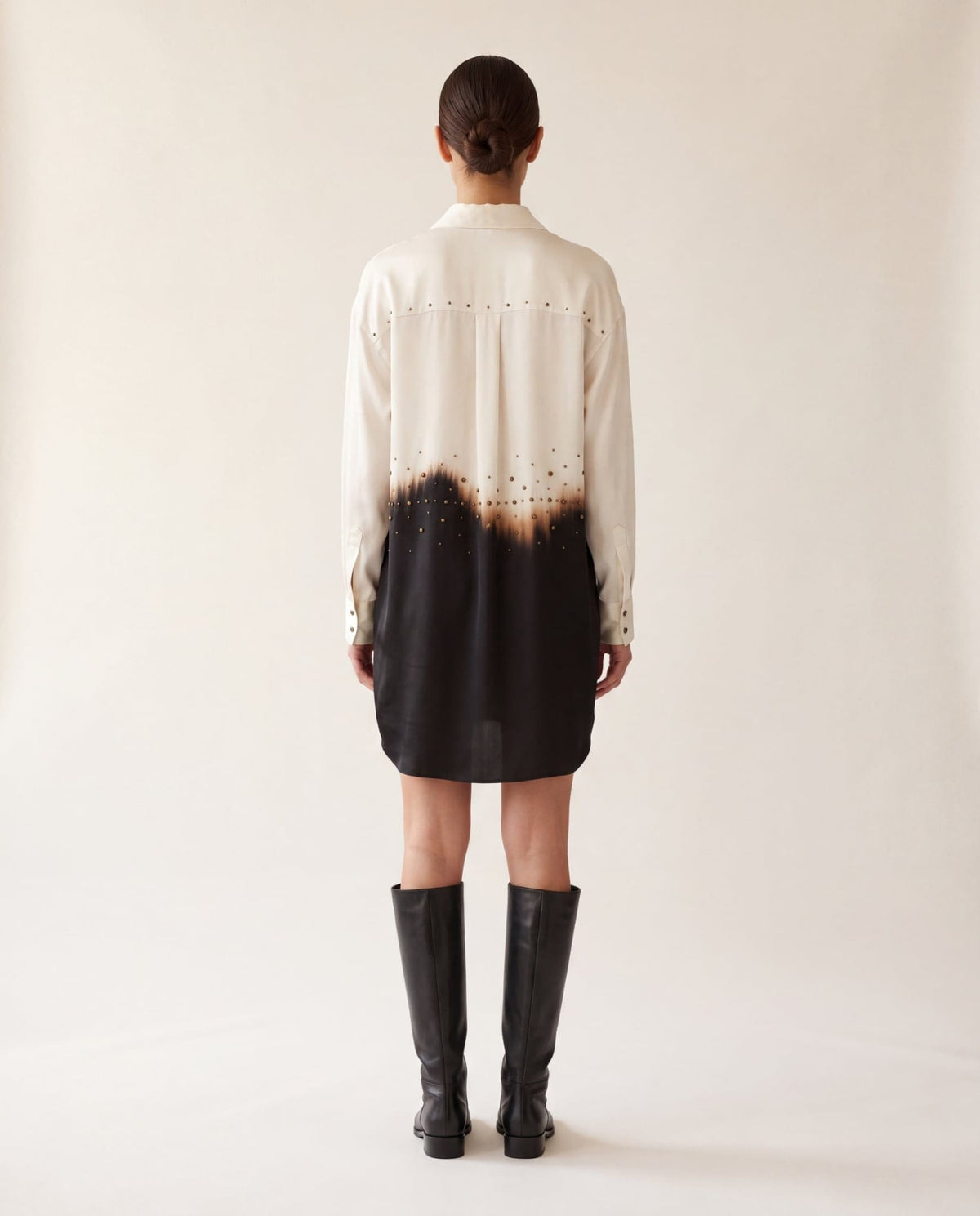 Ivory and black dip-dye satin shirt dress - back view