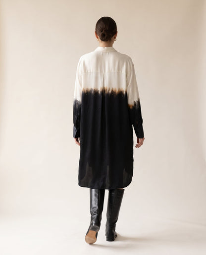 Ivory and black dip-dye satin shirt dress - back