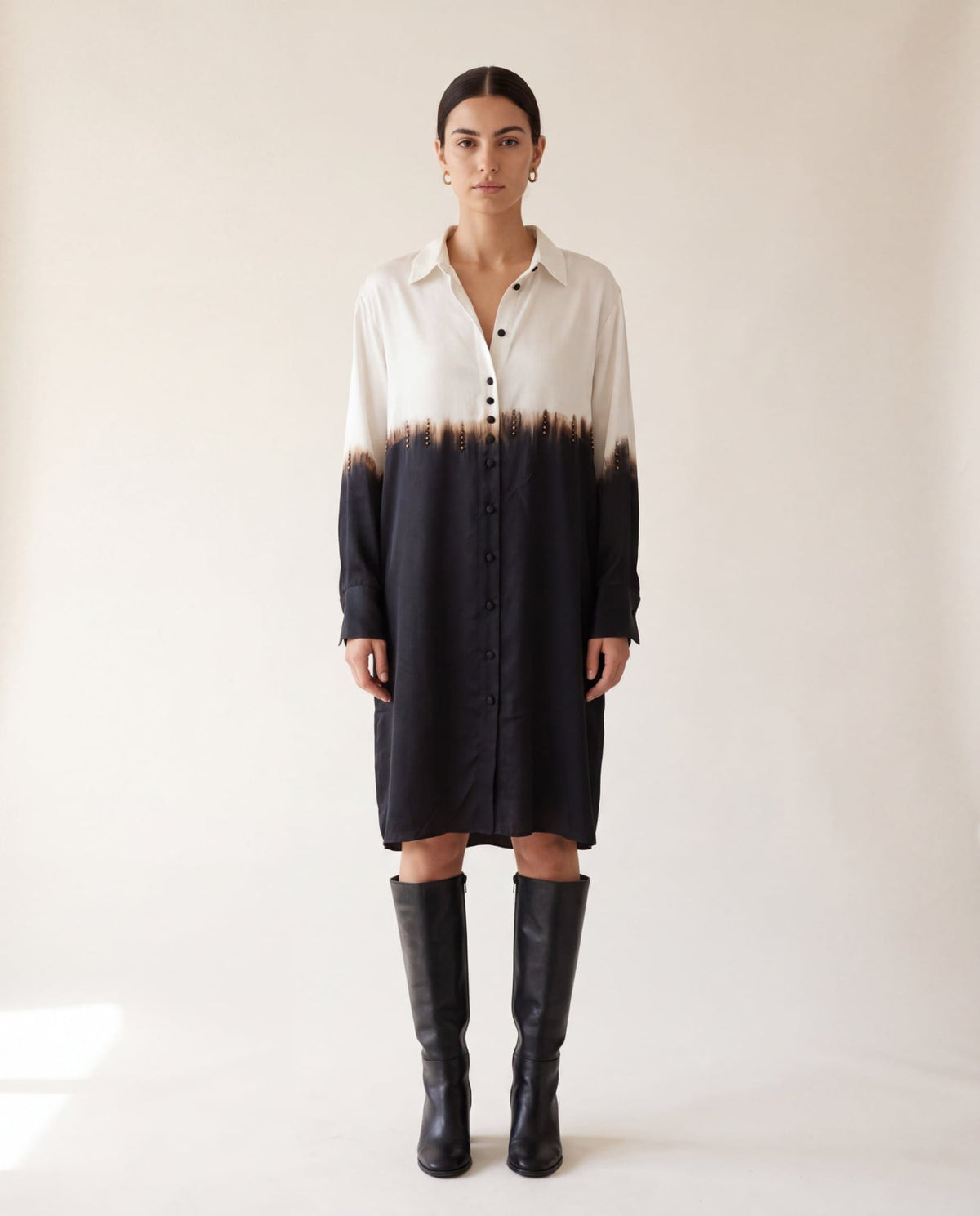 Ivory and black dip-dye satin shirt dress - front