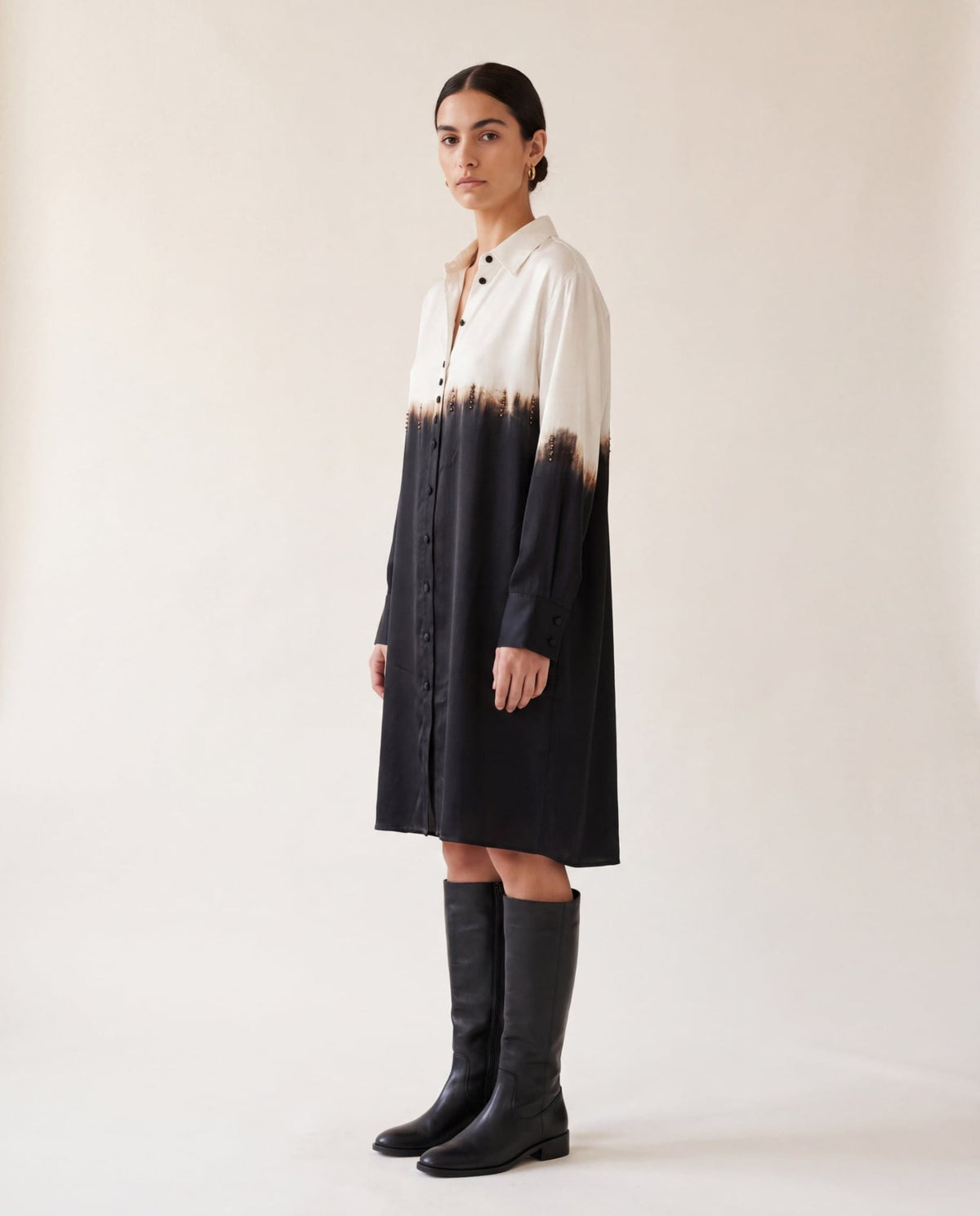 Ivory and black dip-dye satin shirt dress - side