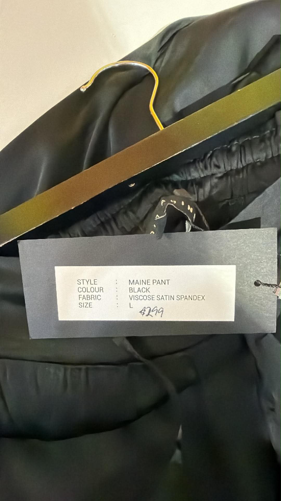 Christine supplier photo - Maine Pant swing tag, Black, viscose satin spandex, L, $299 (photo 07)