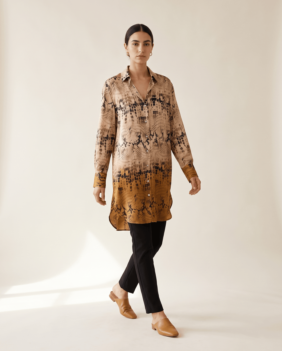 Higgsfield render - Python Print Shirt Dress walking