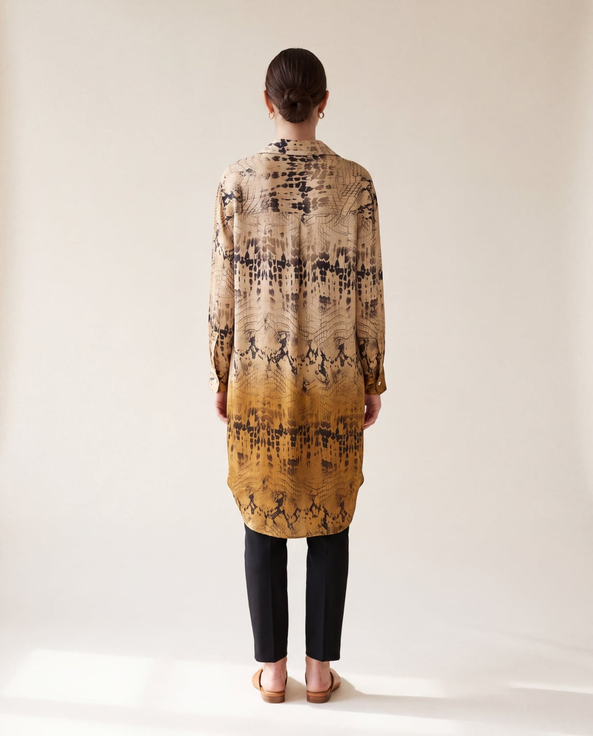 Sand and gold python print satin shirtdress - front view