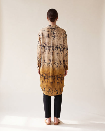 Sand and gold python print satin shirtdress - front view