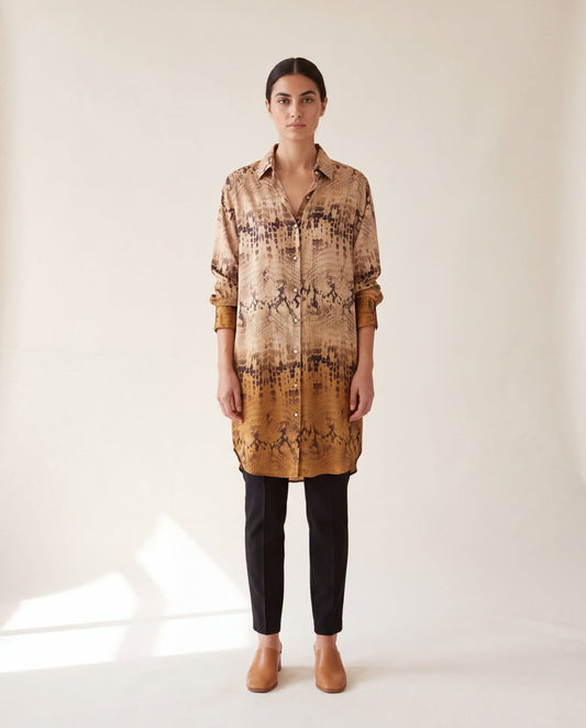 Sand and gold python print satin shirtdress - front