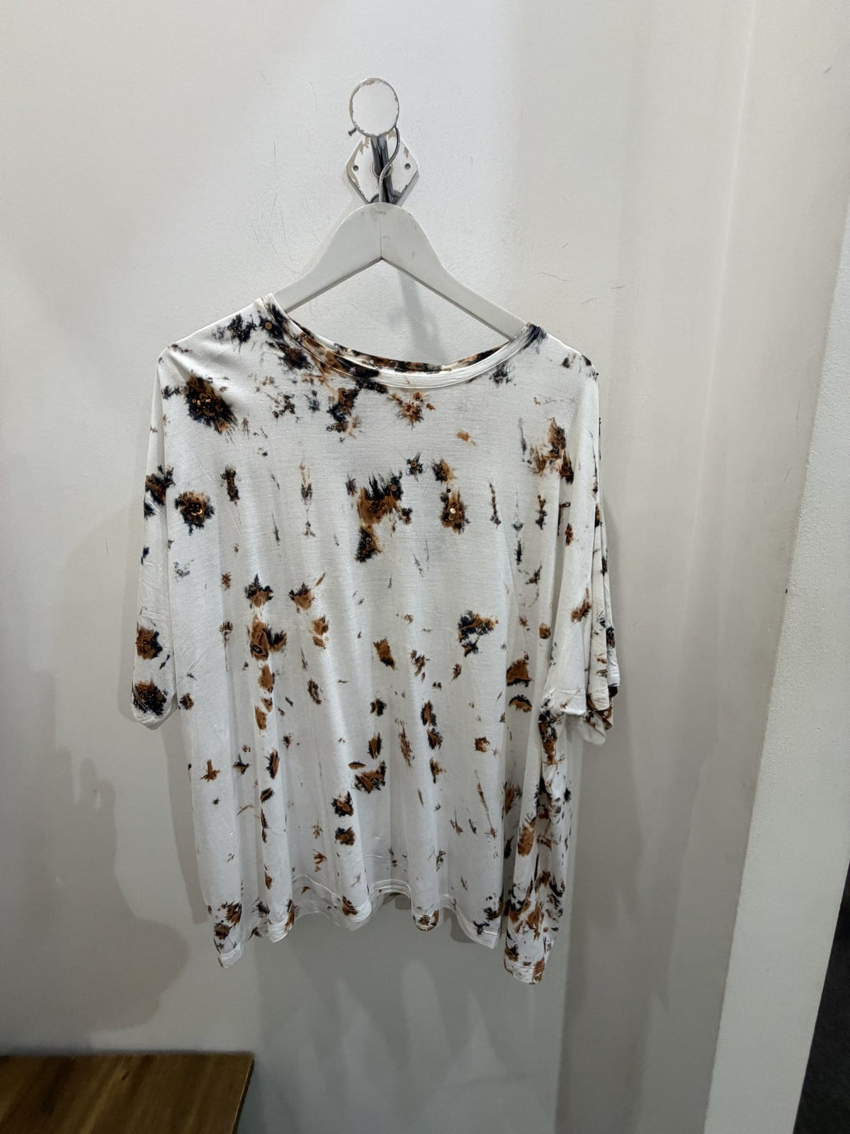 White tee with rust and black splatter dye - front