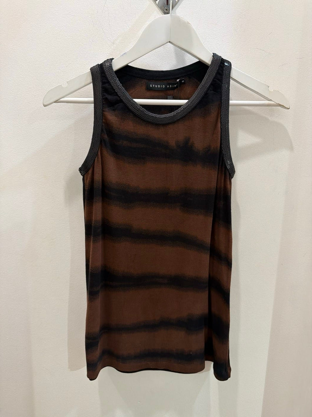 Christine supplier photo - Tie Dye Sequin Tank with Gold Stripe Pant front