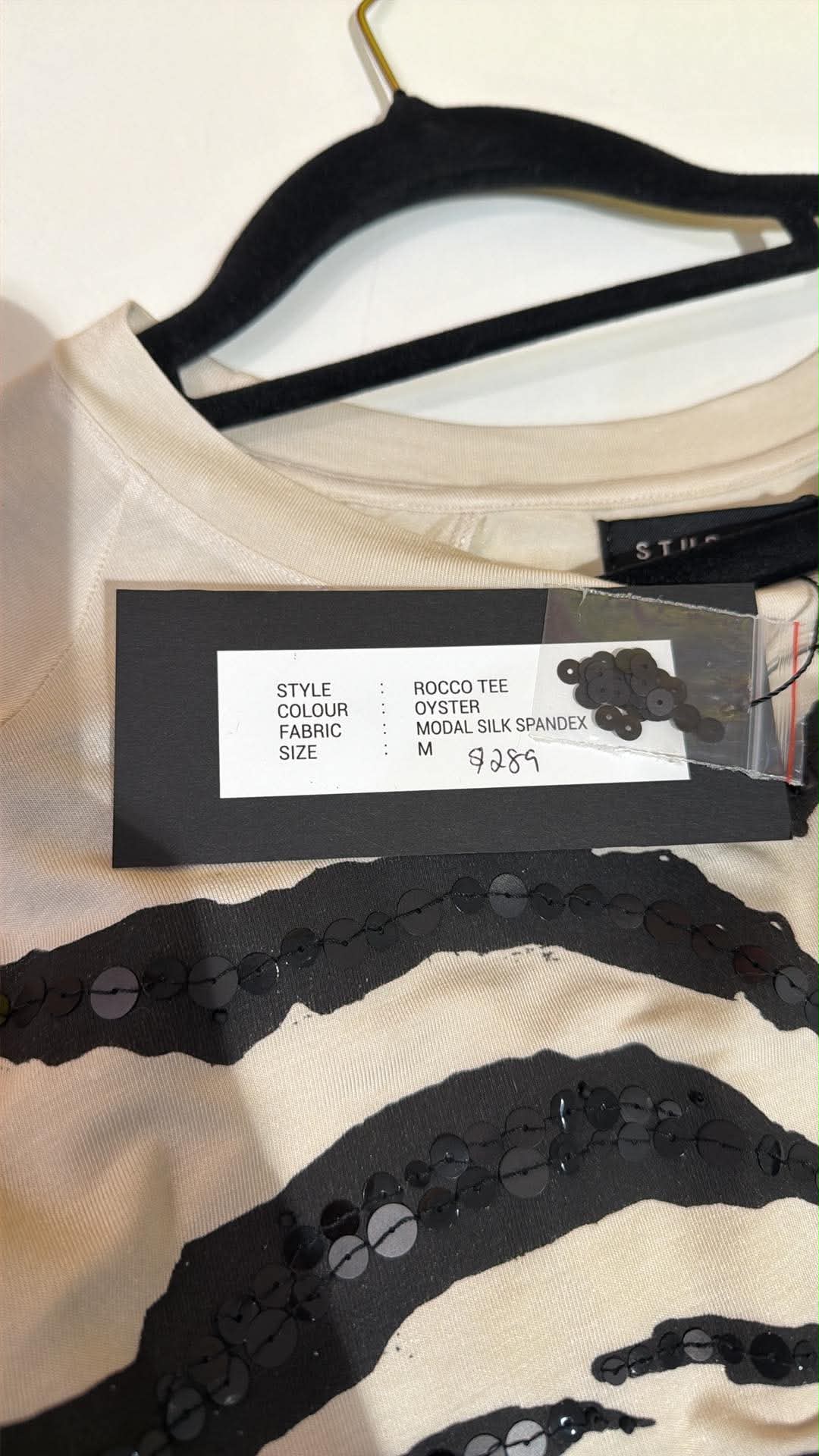 Christine supplier photo - Rocco Tee swing tag and sequin stripes, Oyster, modal silk spandex, M, $289 (photo 16)
